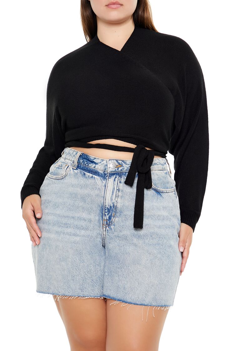 Plus Size Sweater-Knit Wrap Top-Feelings Star