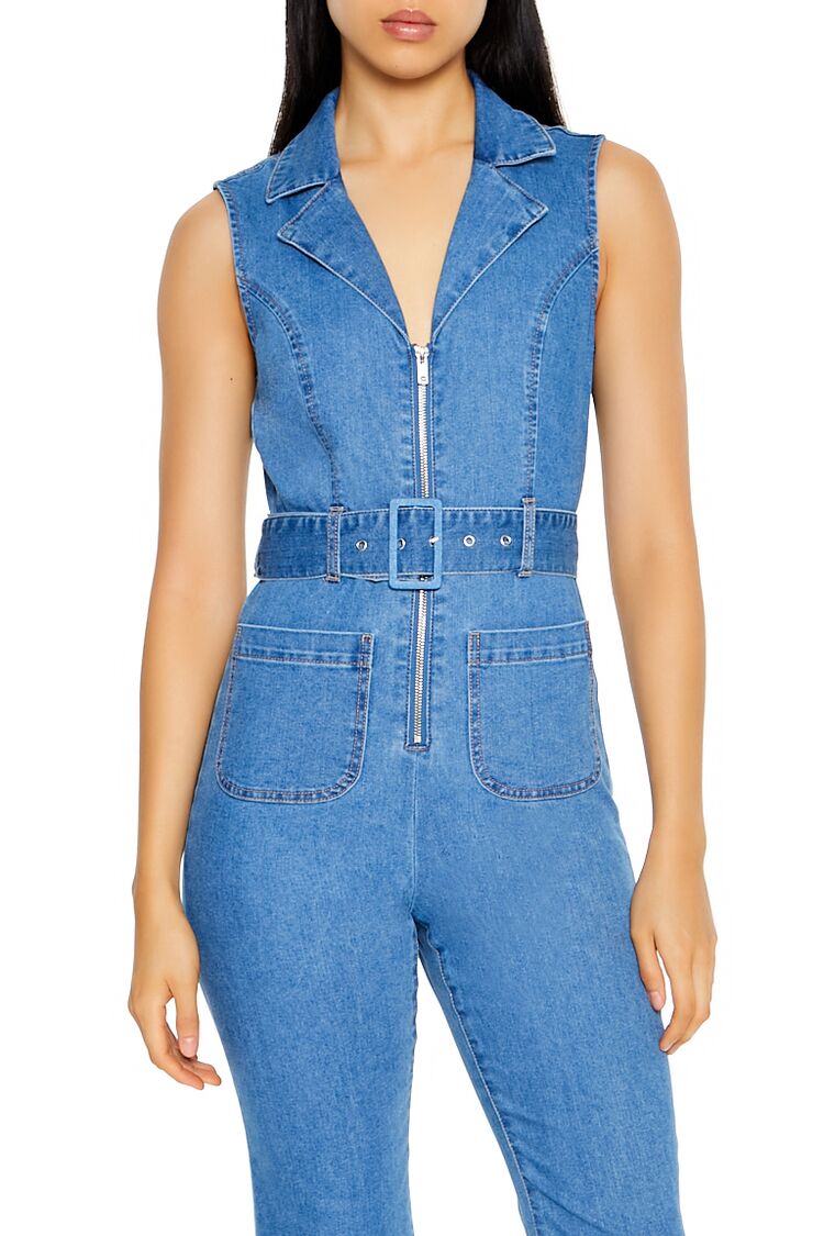 Sleeveless Denim Zip-Up Jumpsuit-Feelings Star