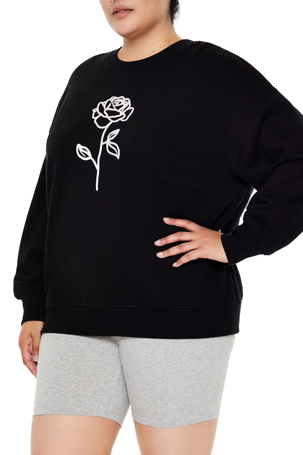 Plus Size Embroidered Rose Pullover-Feelings Star