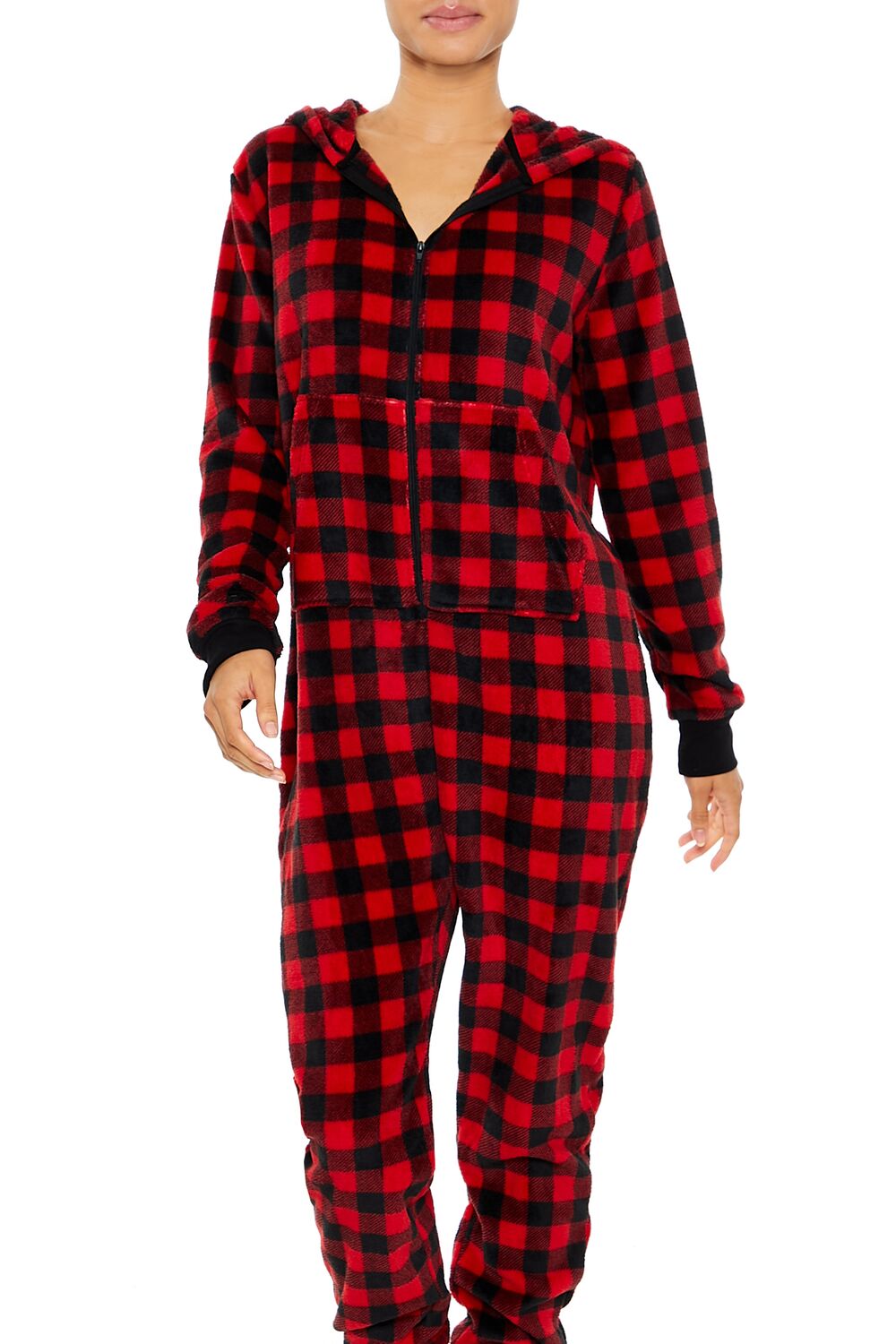 Fleece Plaid Pajama Jumpsuit-Feelings Star