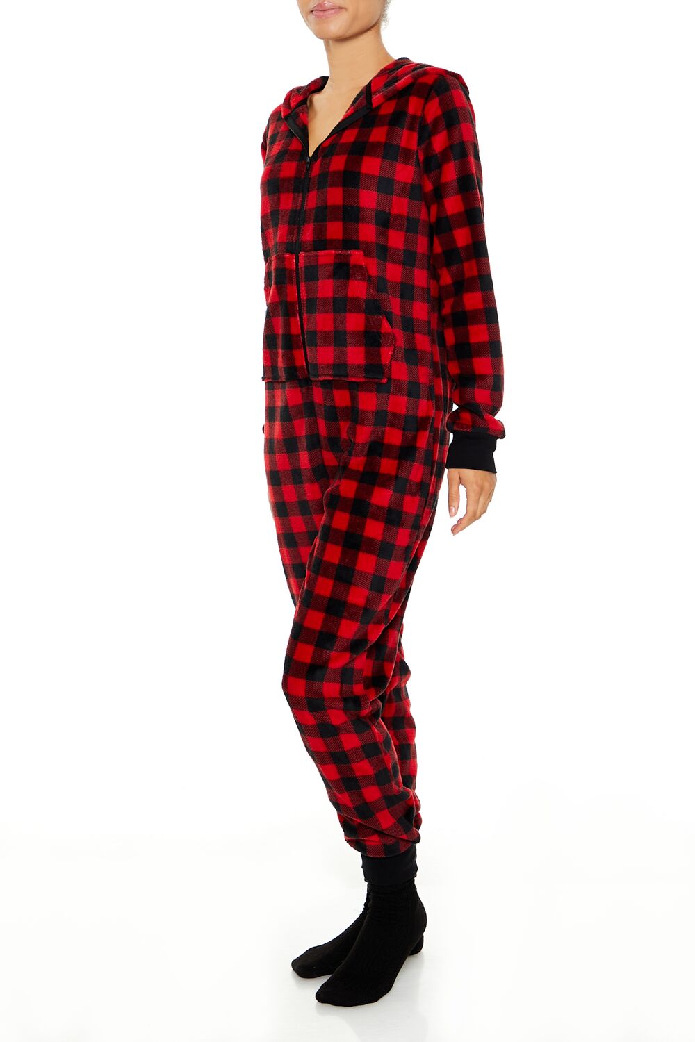 Fleece Plaid Pajama Jumpsuit-Feelings Star