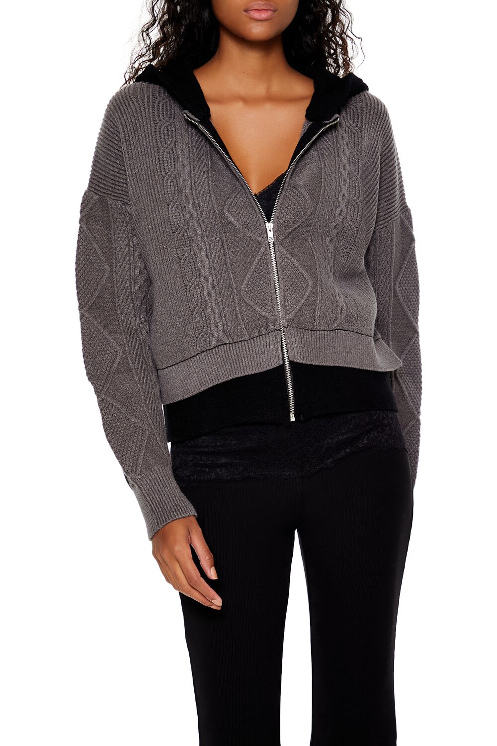 Cable Sweater-Knit Zip-Up Hoodie-Feelings Star