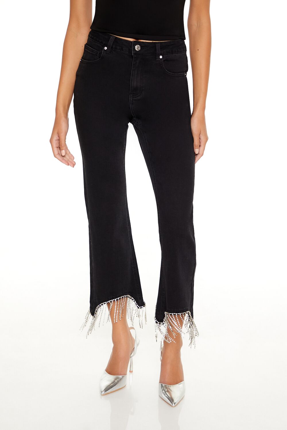 Rhinestone Fringe High-Rise Jeans-Feelings Star