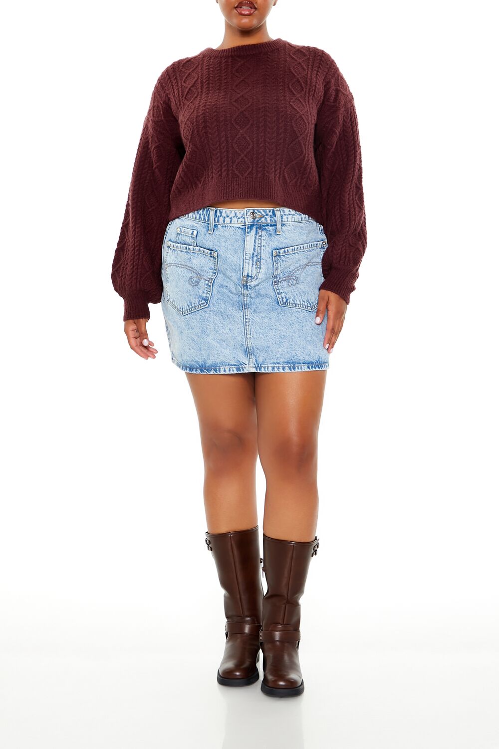 Plus Size Cropped Cable Knit Sweater-Feelings Star