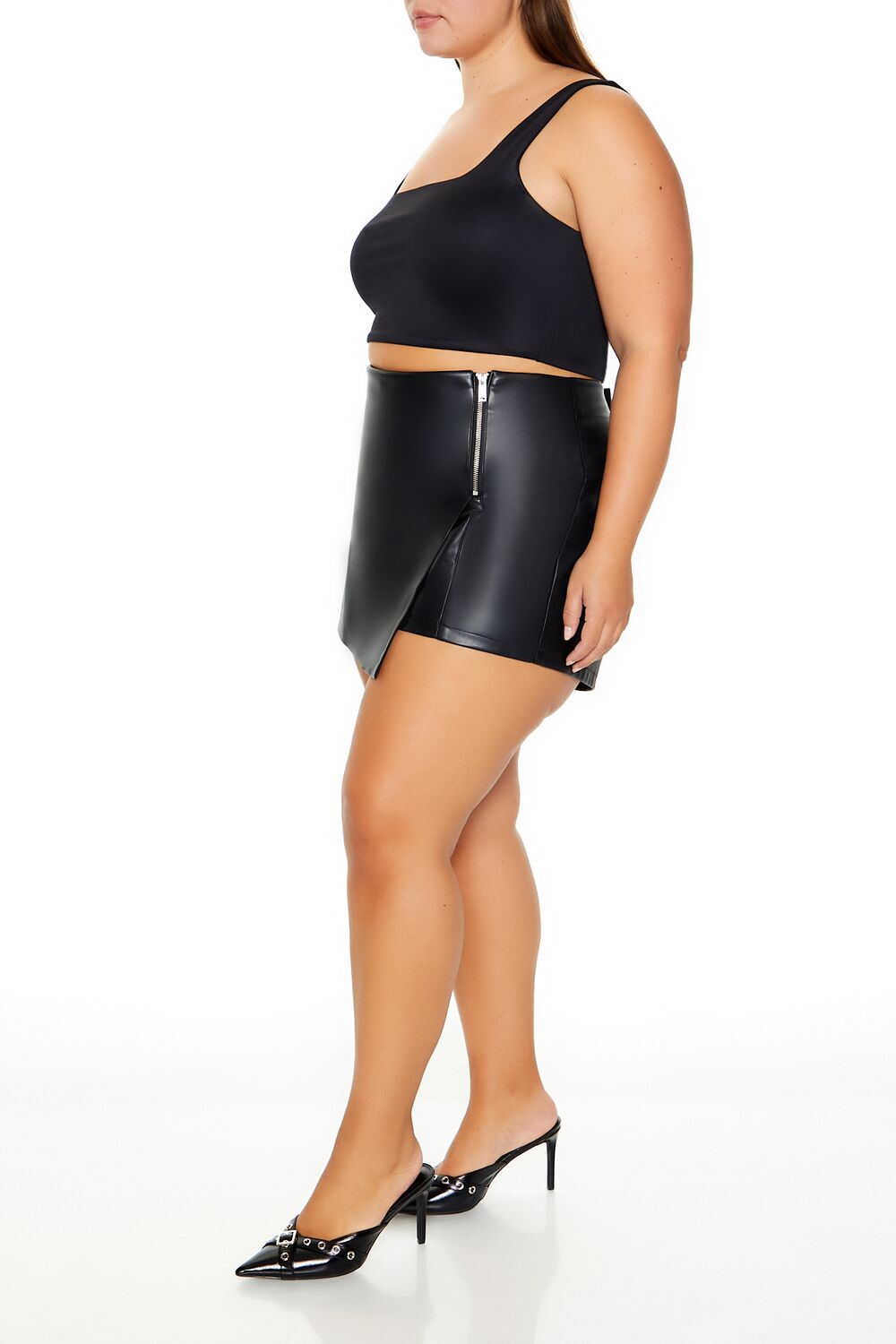 Plus Size Faux Leather Mini Skort-Feelings Star