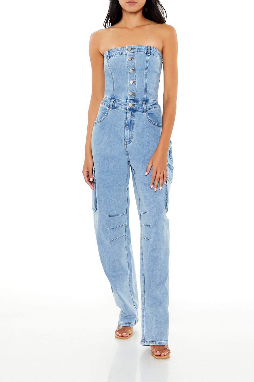 Strapless Denim Cargo Jumpsuit-Feelings Star