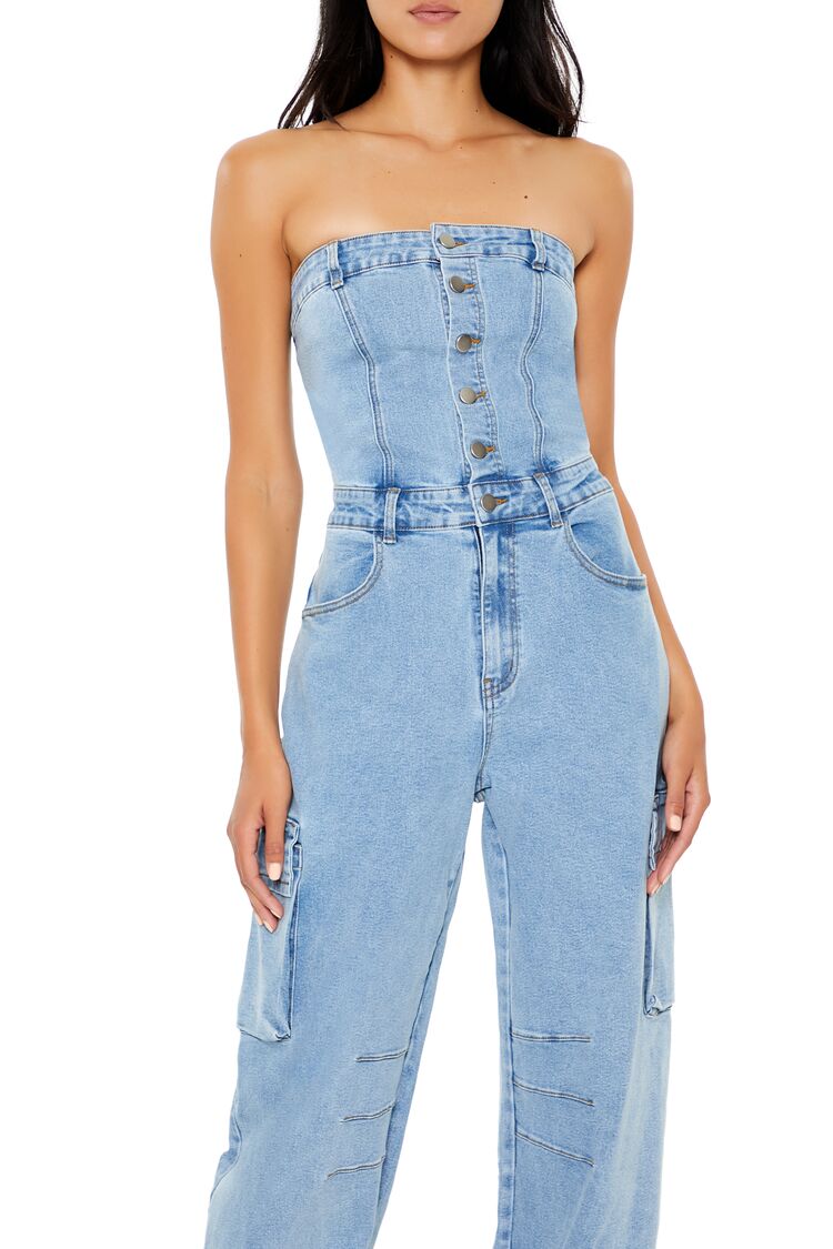 Strapless Denim Cargo Jumpsuit-Feelings Star