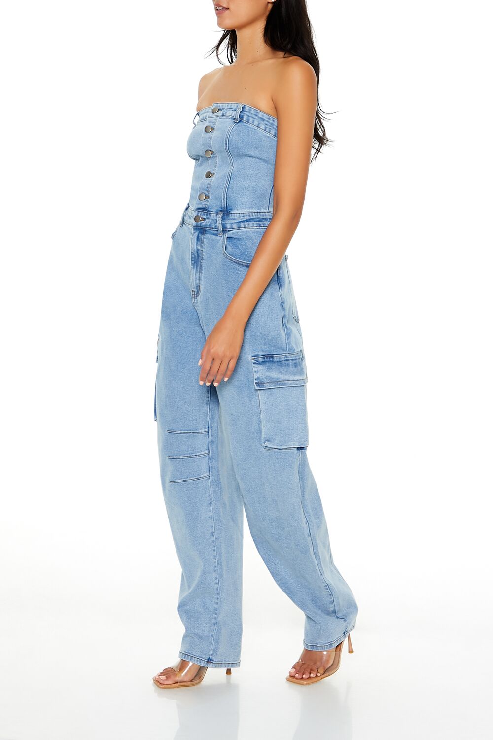 Strapless Denim Cargo Jumpsuit-Feelings Star