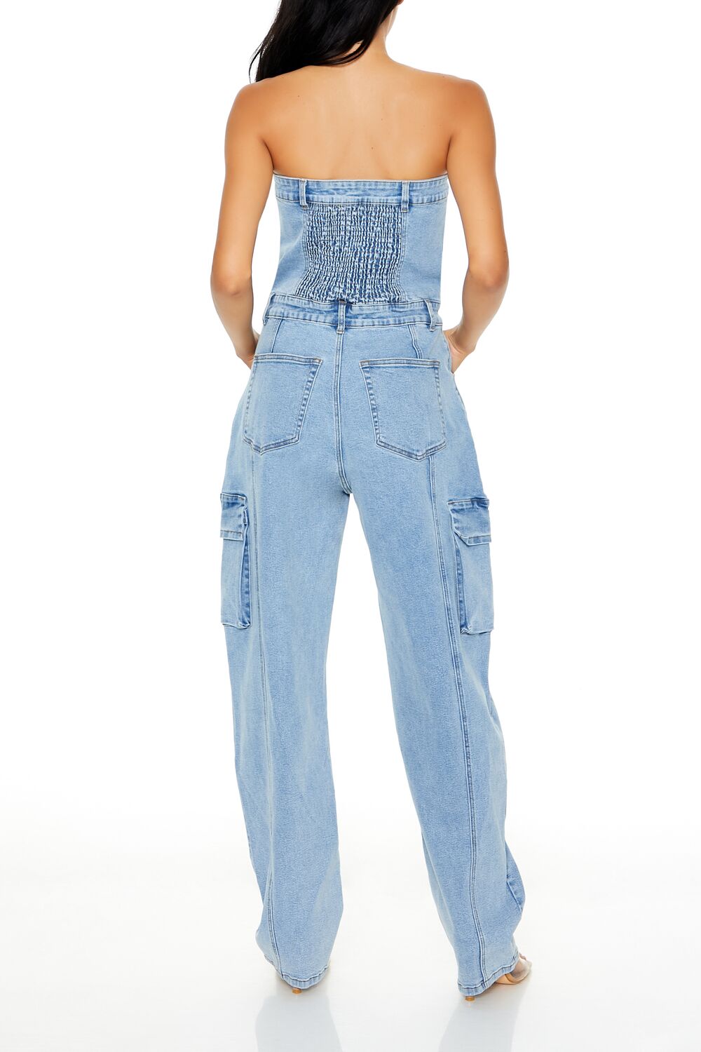 Strapless Denim Cargo Jumpsuit-Feelings Star