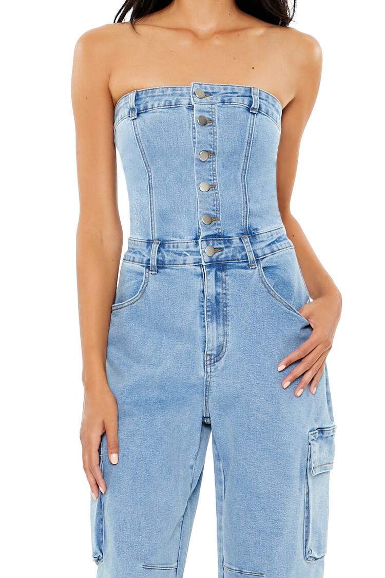 Strapless Denim Cargo Jumpsuit-Feelings Star