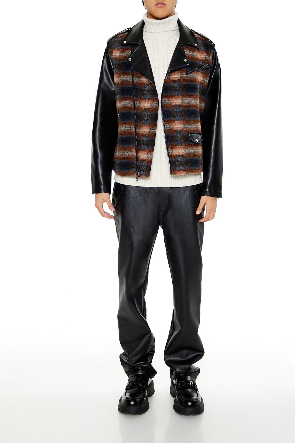 Plaid Faux Leather Moto Jacket-Feelings Star