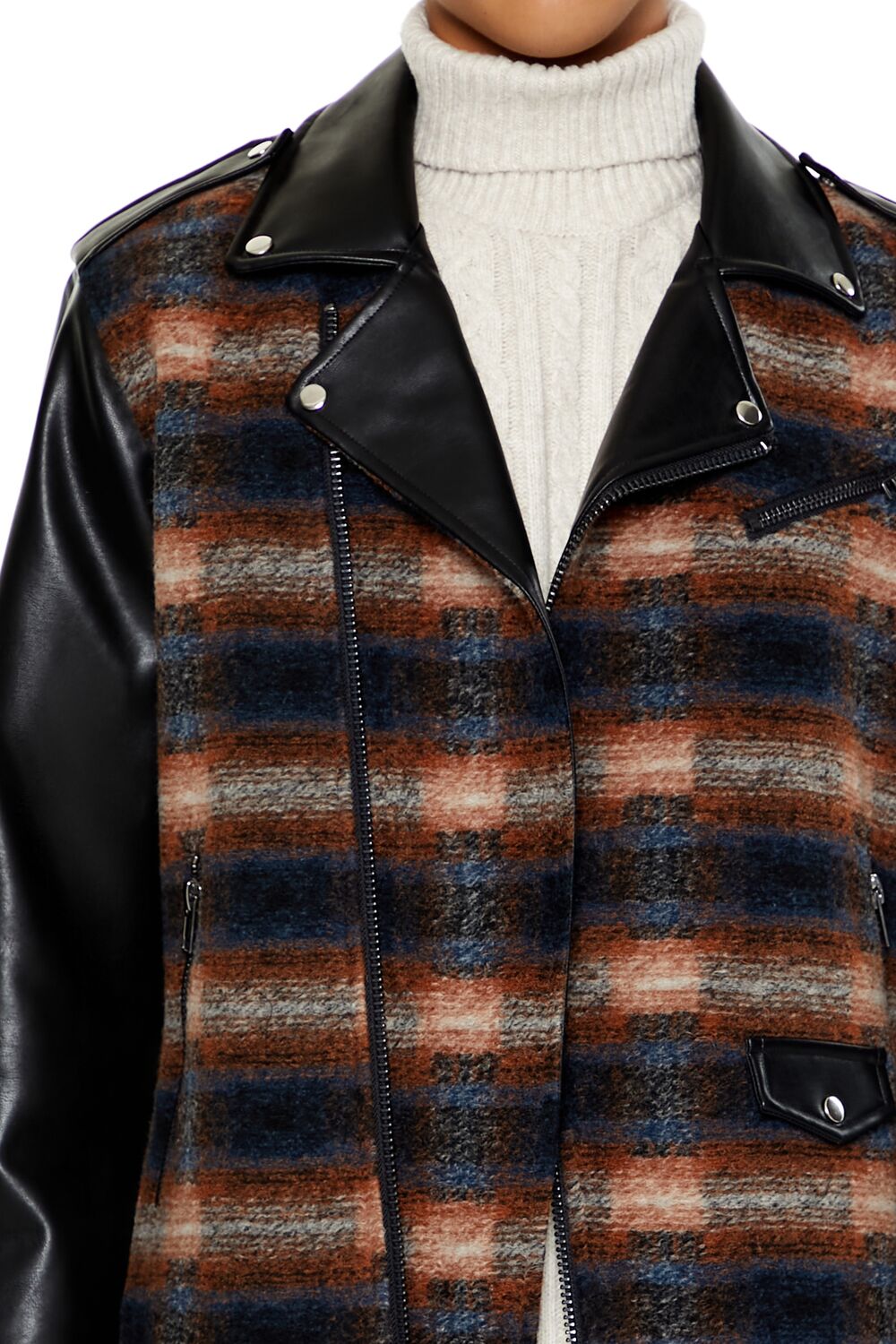 Plaid Faux Leather Moto Jacket-Feelings Star