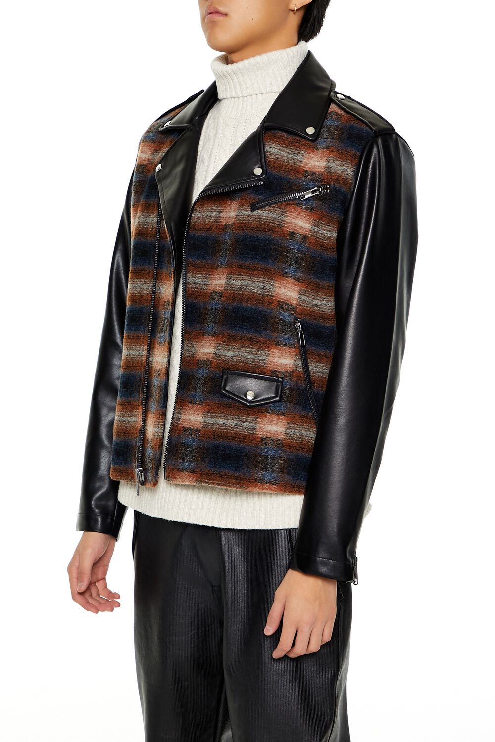 Plaid Faux Leather Moto Jacket-Feelings Star