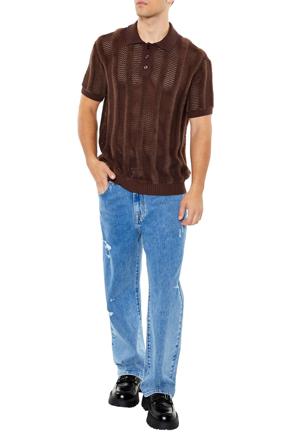 Striped Sweater-Knit Polo Shirt-Feelings Star