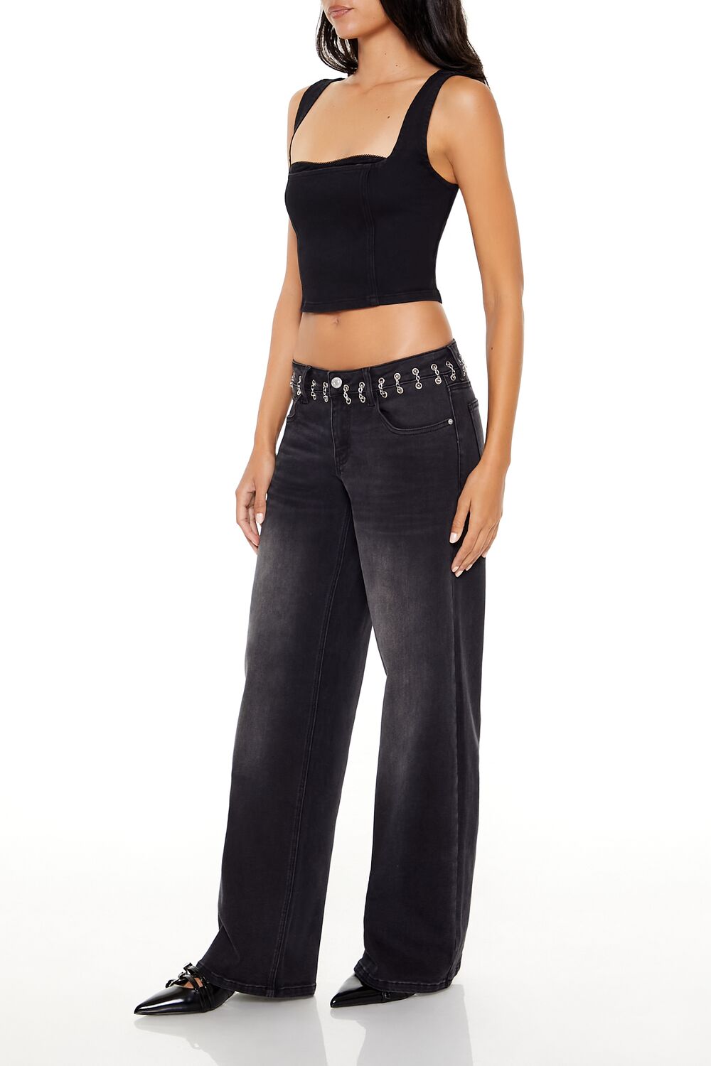 Chain-Trim Low-Rise Baggy Jeans-Feelings Star