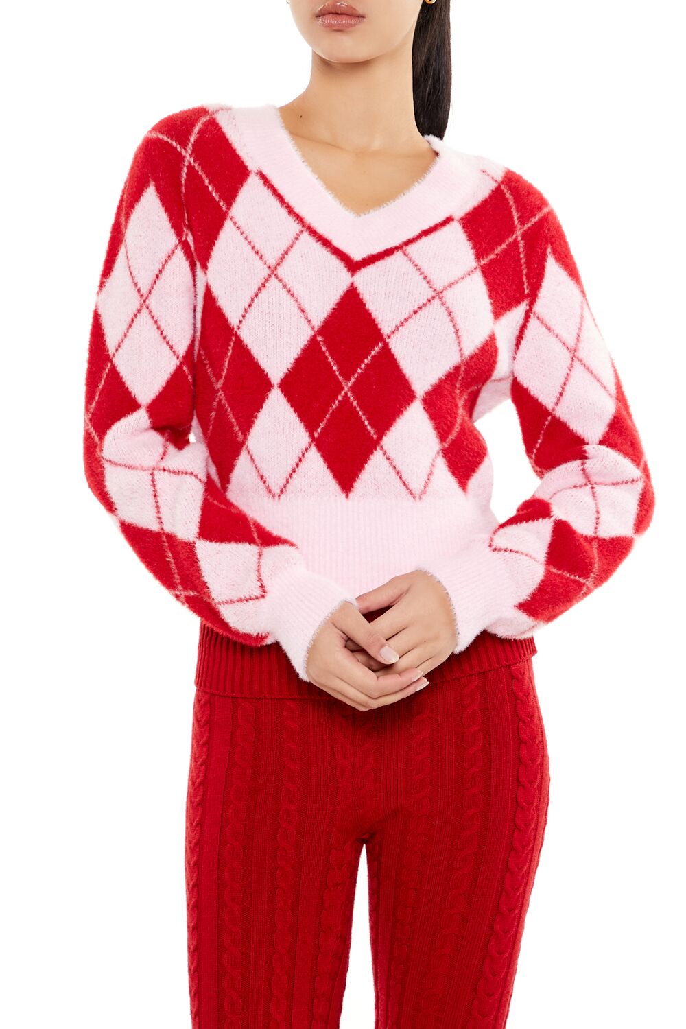 Argyle Fuzzy Knit Sweater-Feelings Star