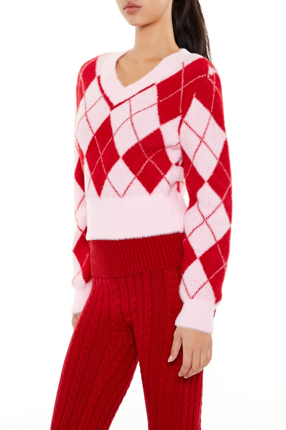 Argyle Fuzzy Knit Sweater-Feelings Star