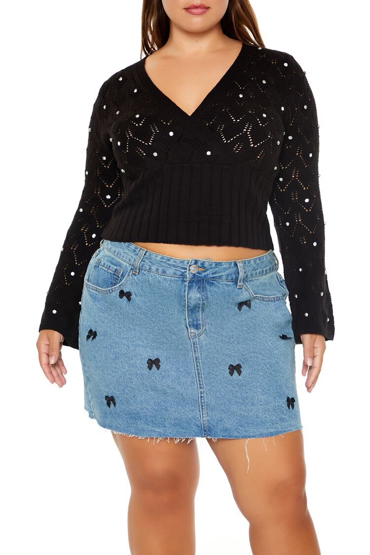 Plus Size Pointelle Surplice Sweater-Feelings Star