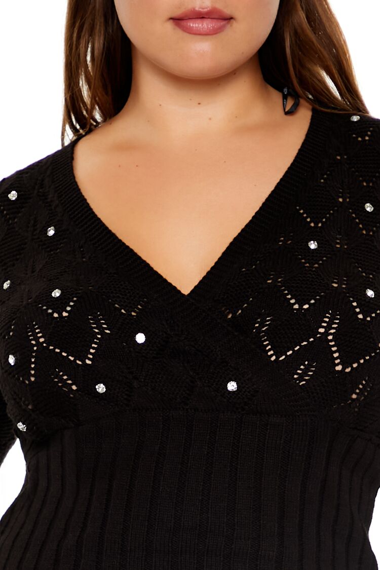 Plus Size Pointelle Surplice Sweater-Feelings Star