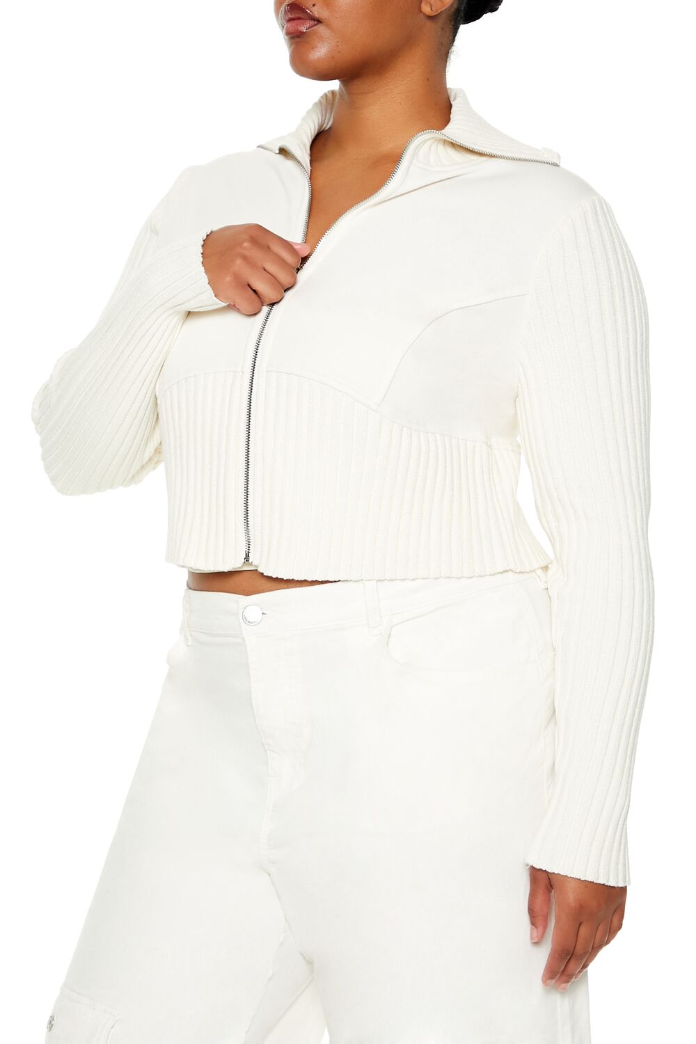 Plus Size Cropped Zip-Up Sweater-Feelings Star