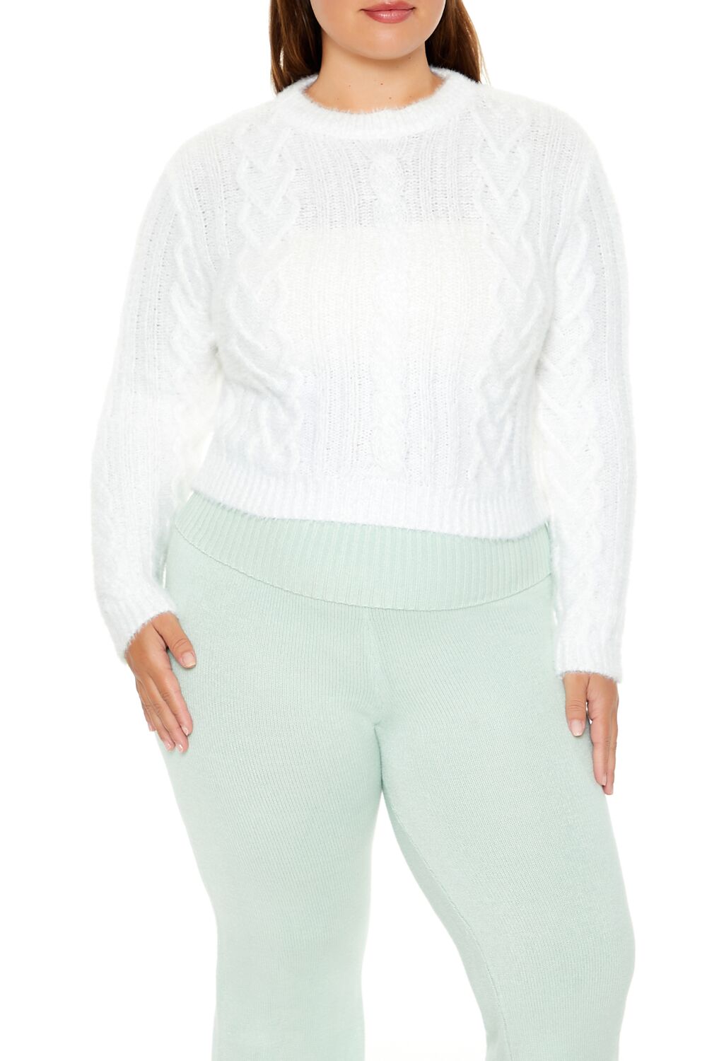Plus Size Fuzzy Cable Knit Sweater-Feelings Star