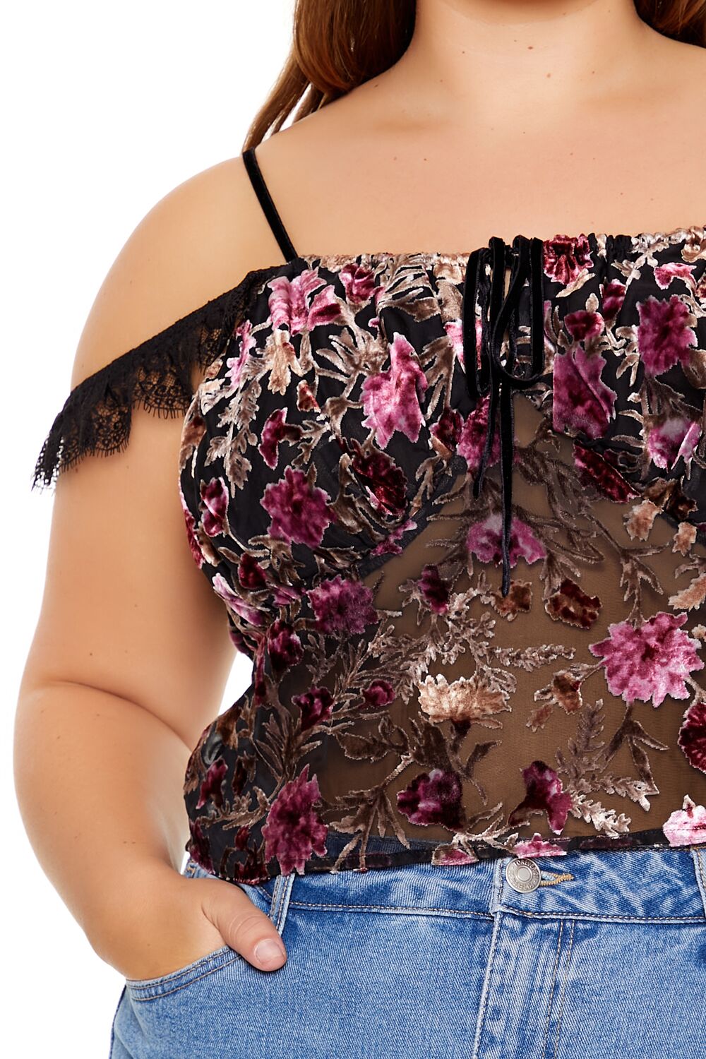 Plus Size Eyelash Lace-Trim Floral Crop Top-Feelings Star