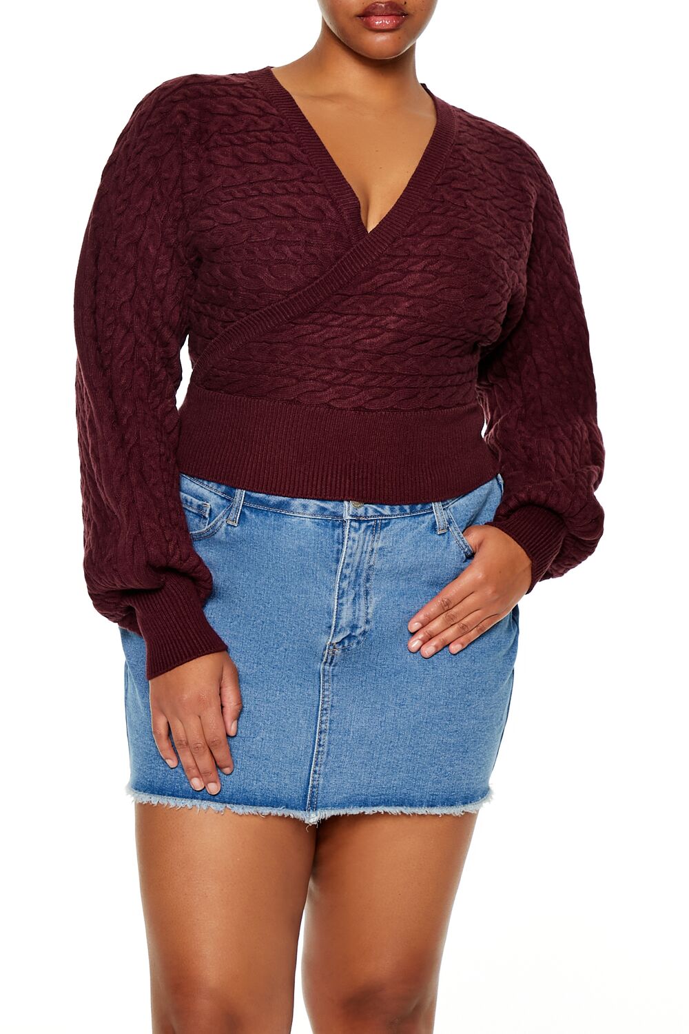 Plus Size Cable Knit Surplice Top-Feelings Star