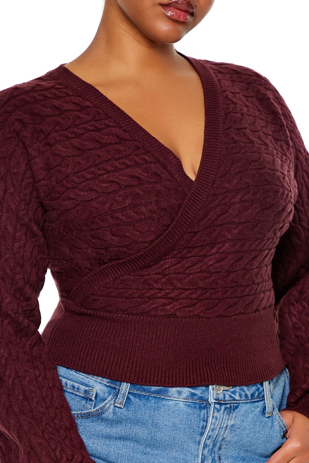 Plus Size Cable Knit Surplice Top-Feelings Star