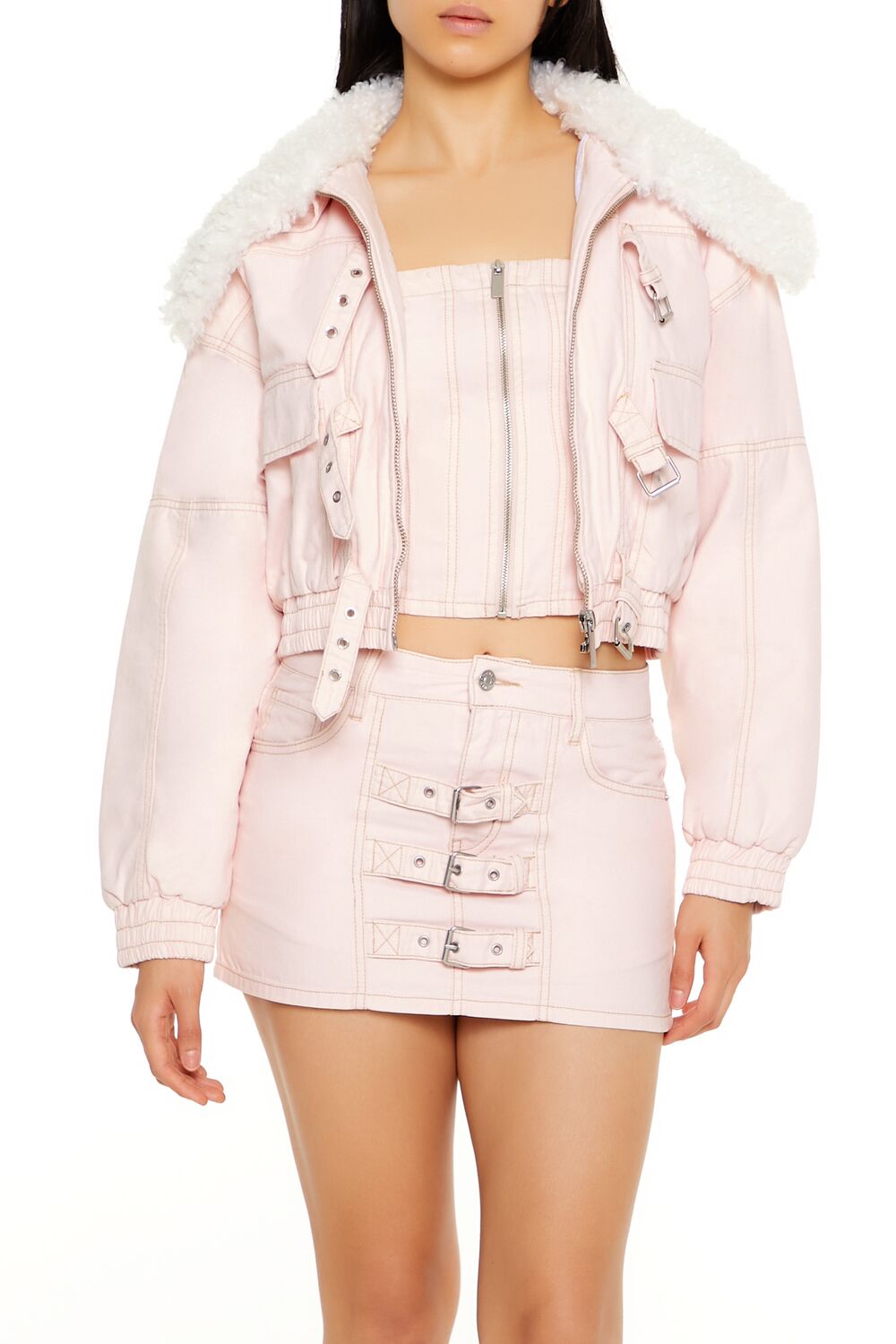 Strappy Faux Fur-Trim Denim Bomber Jacket-Feelings Star