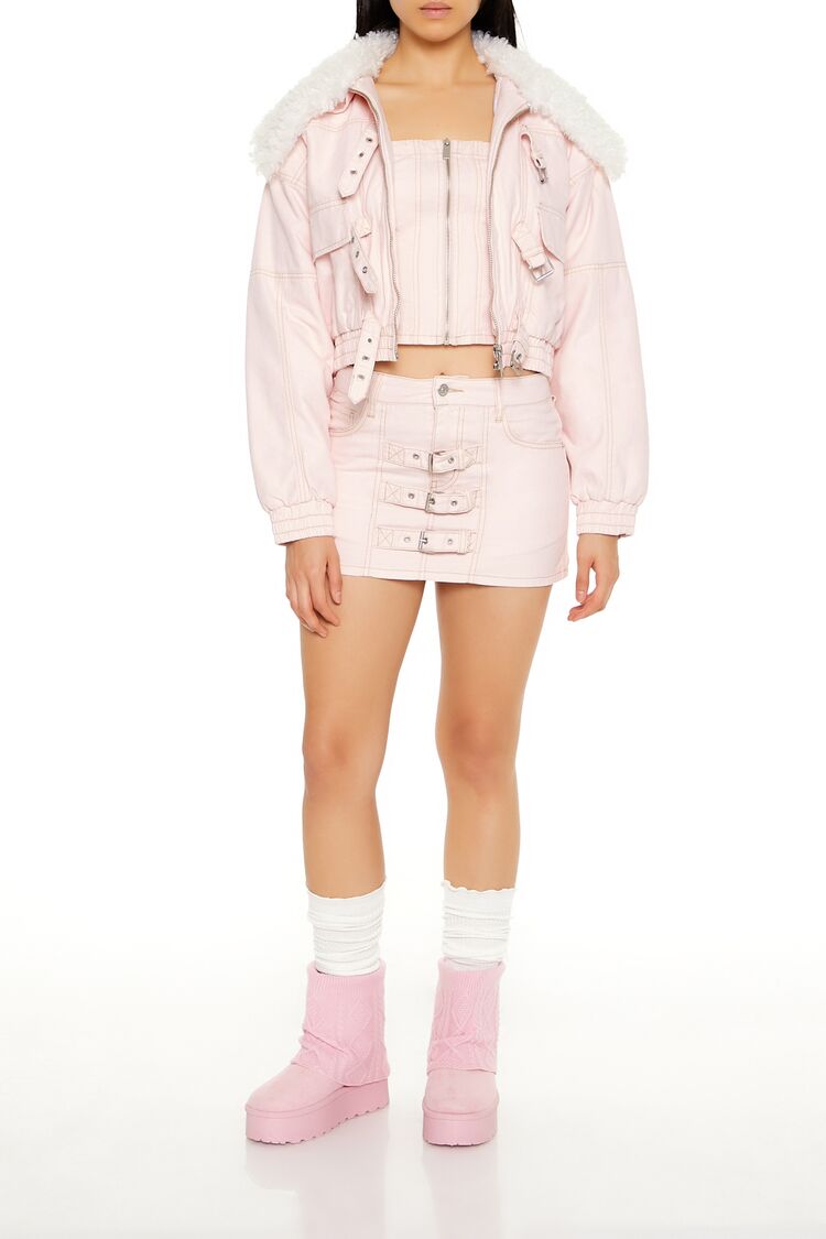 Strappy Faux Fur-Trim Denim Bomber Jacket-Feelings Star