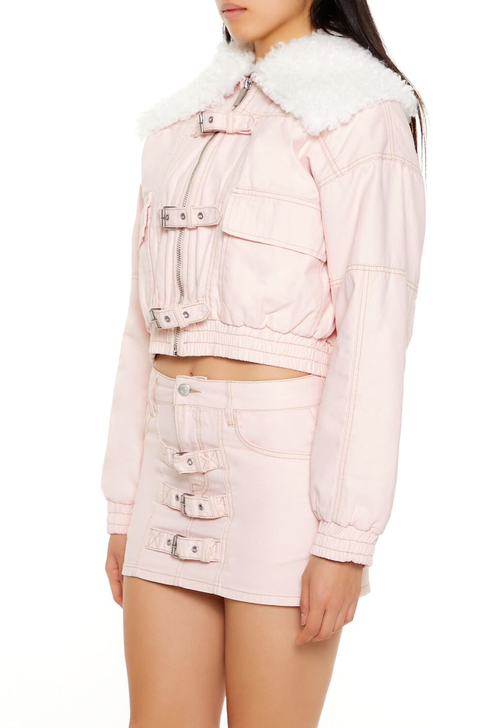 Strappy Faux Fur-Trim Denim Bomber Jacket-Feelings Star