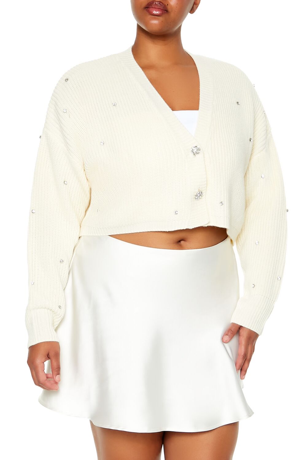 Plus Size Rhinestone Cardigan Sweater-Feelings Star