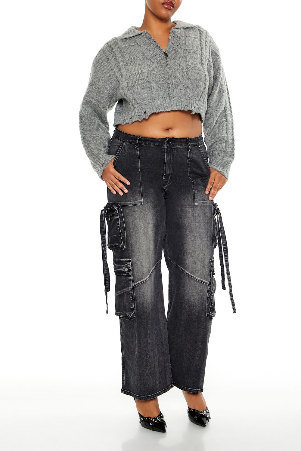 Plus Size Cable Knit Cropped Sweater-Feelings Star