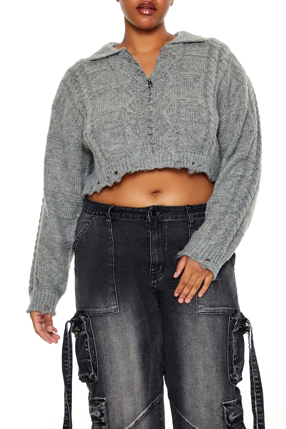 Plus Size Cable Knit Cropped Sweater-Feelings Star
