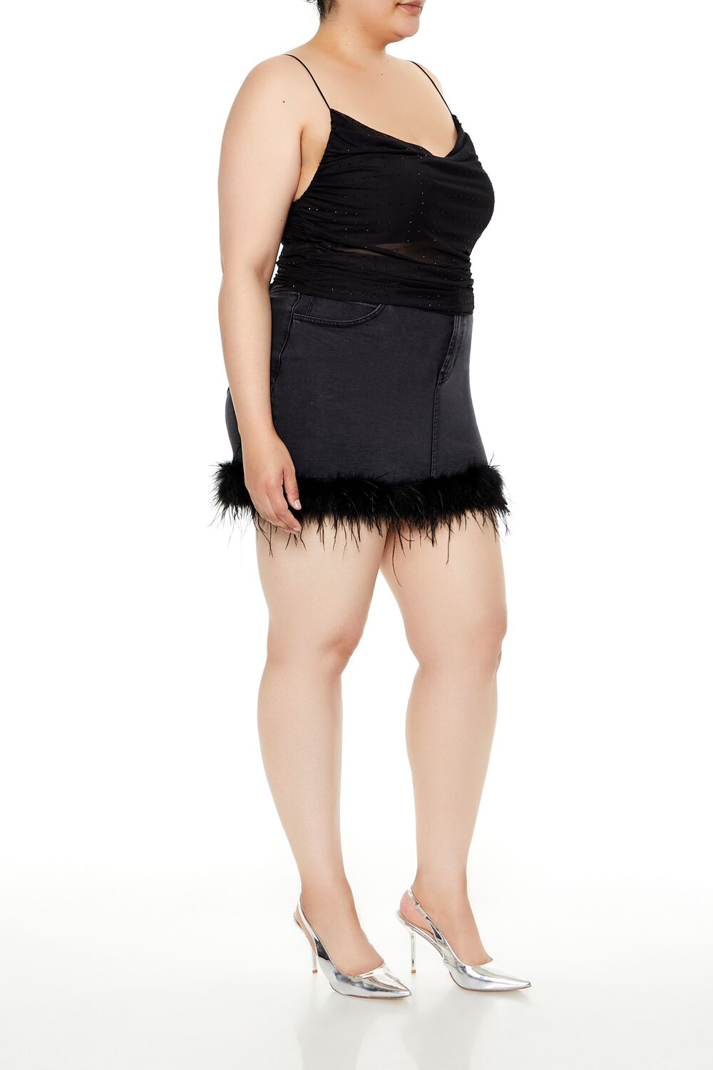 Plus Size Faux Feather Denim Mini Skirt-Feelings Star
