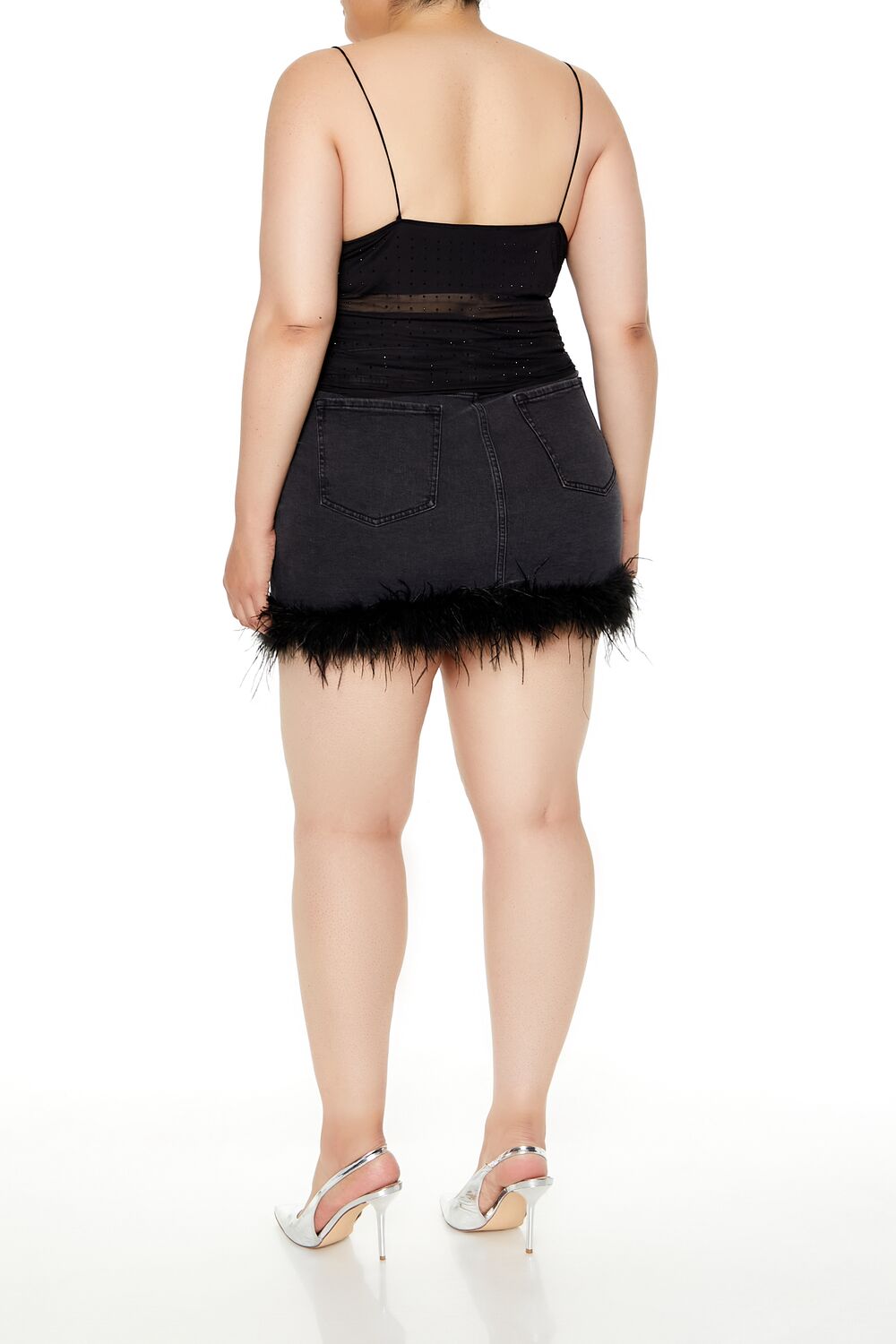 Plus Size Faux Feather Denim Mini Skirt-Feelings Star