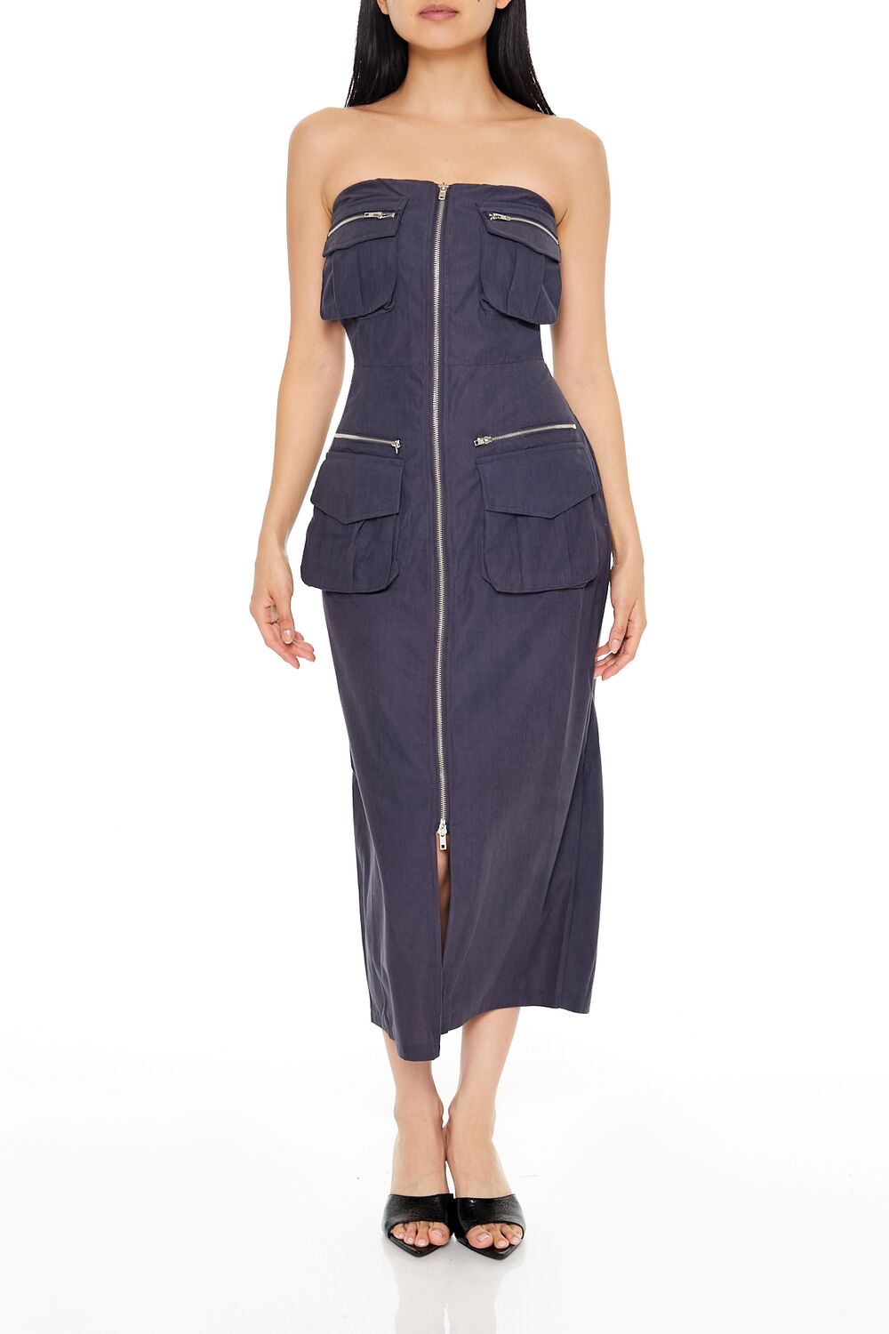 Strapless Zip-Up Cargo Midi Dress-Feelings Star