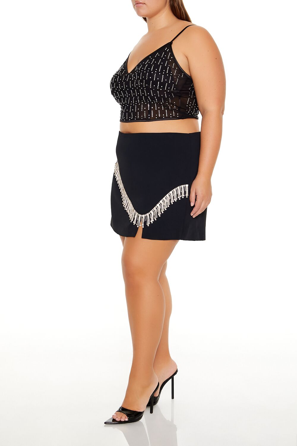 Plus Size Rhinestone-Fringe Mini Skirt-Feelings Star