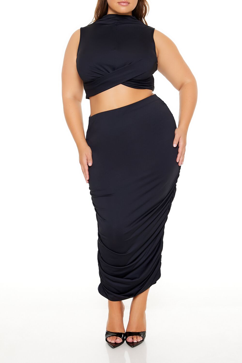 Plus Size Ruched Crop Top & Skirt Set-Feelings Star