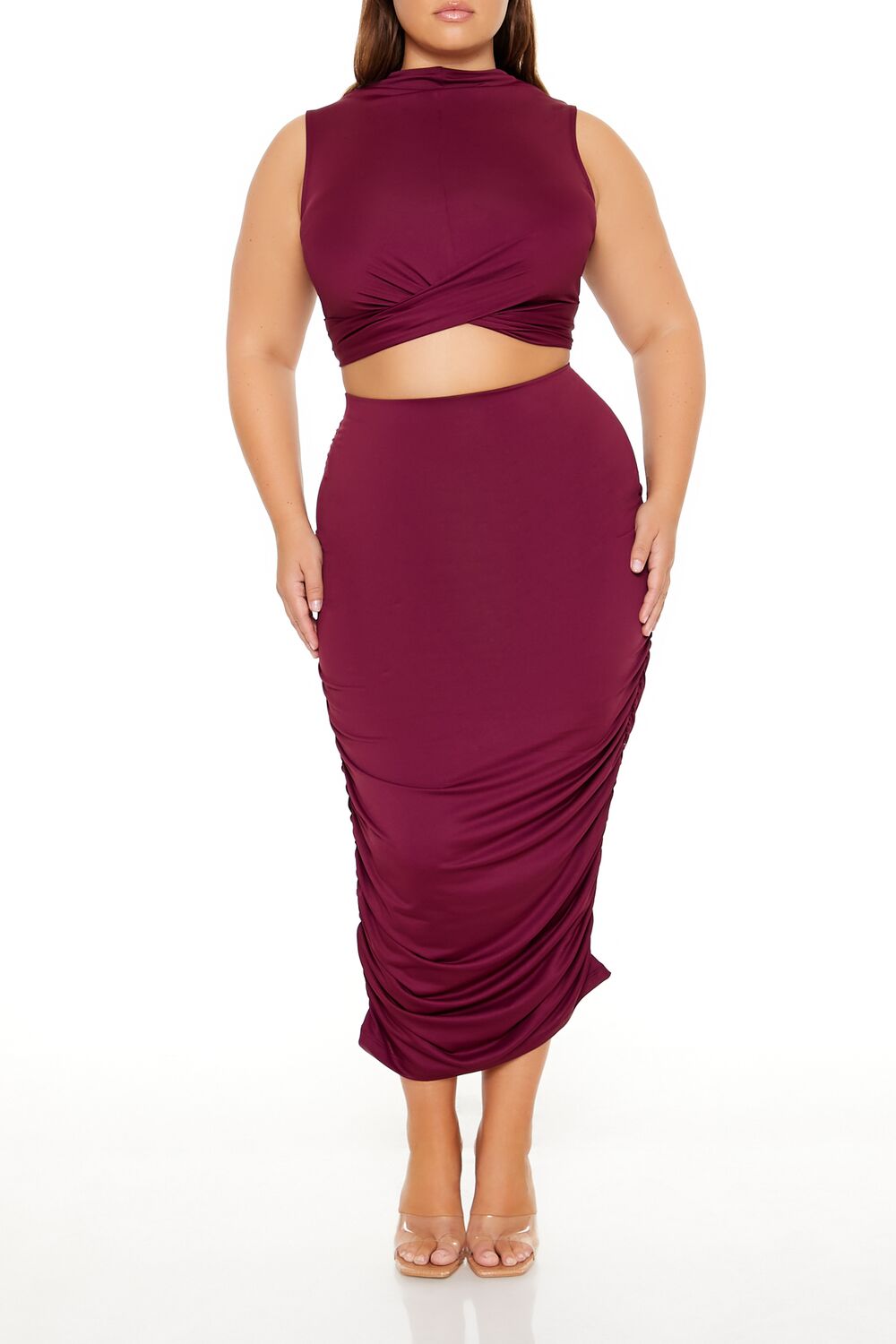 Plus Size Ruched Crop Top & Skirt Set-Feelings Star