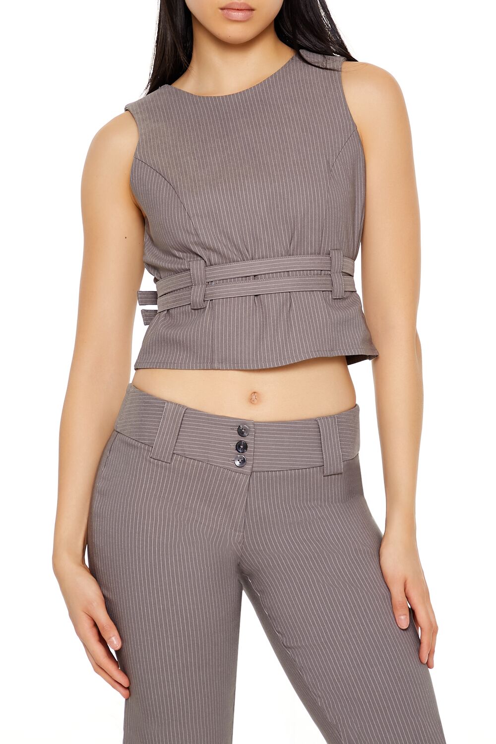 Buckled Pinstriped Crop Top-Feelings Star