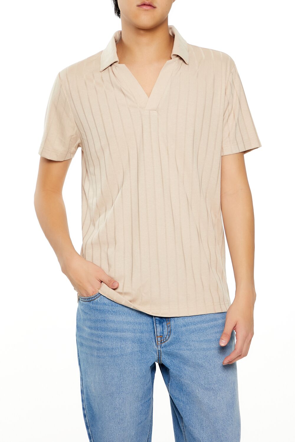 Striped Split-Neck Polo Shirt-Feelings Star