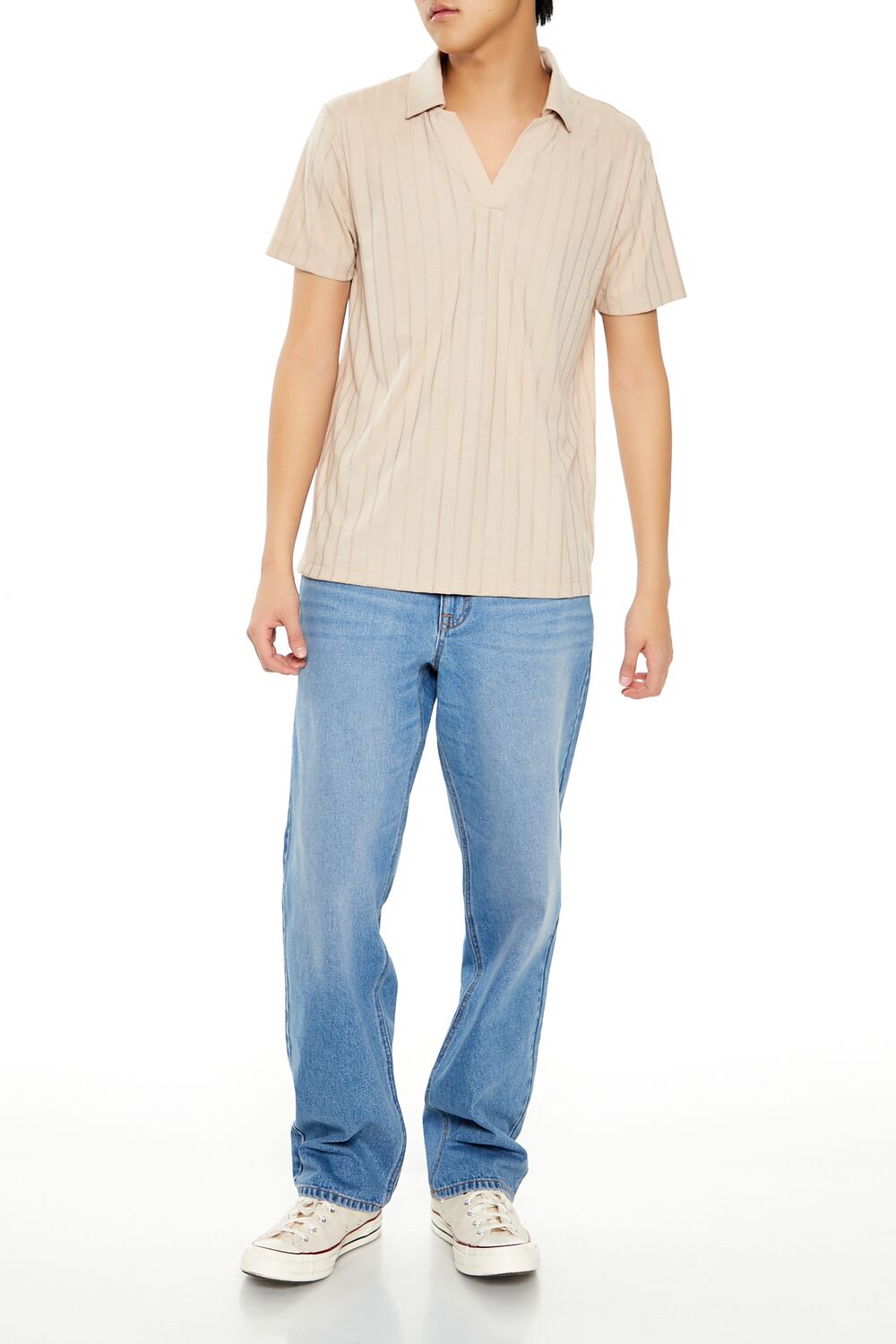 Striped Split-Neck Polo Shirt-Feelings Star