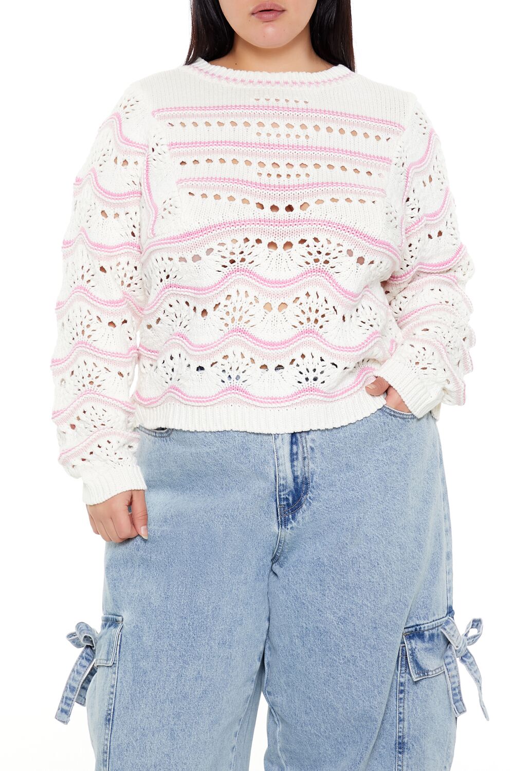 Plus Size Open-Knit Two-Tone Sweater-Feelings Star