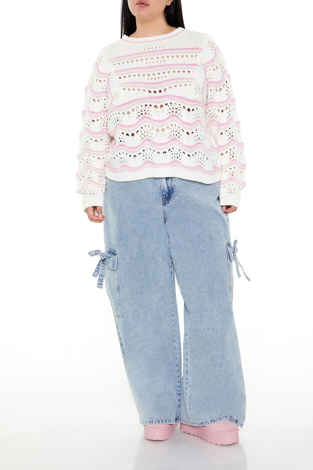 Plus Size Open-Knit Two-Tone Sweater-Feelings Star