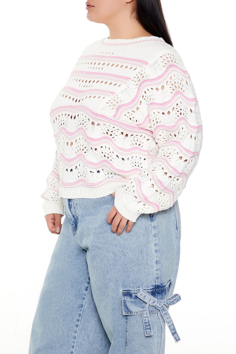 Plus Size Open-Knit Two-Tone Sweater-Feelings Star