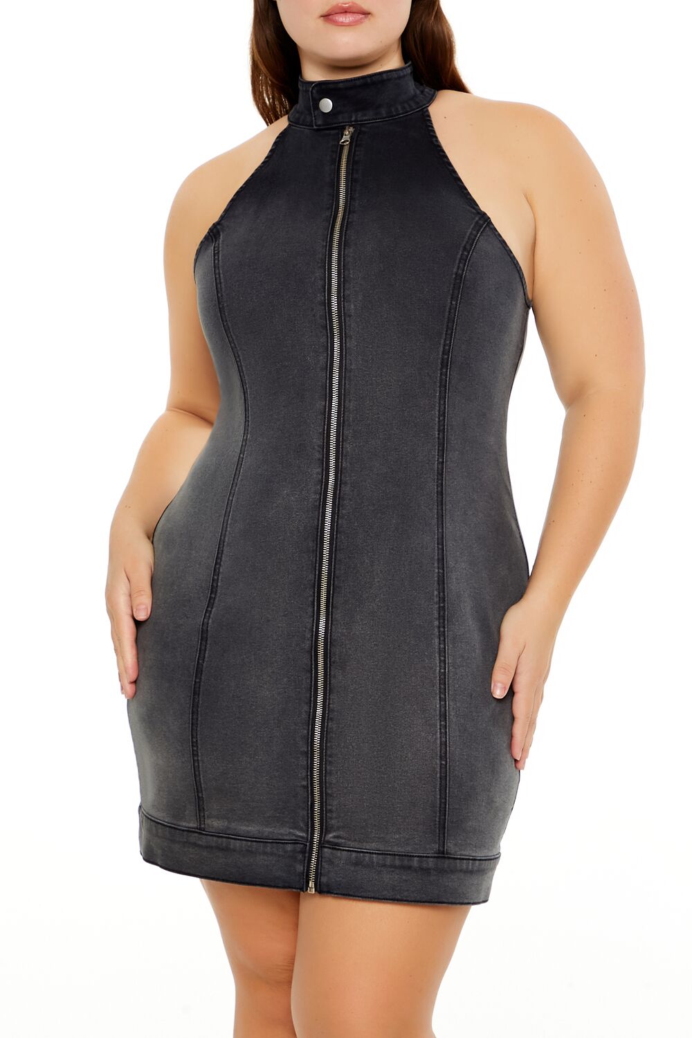 Plus Size Denim Zip-Up Mini Dress-Feelings Star