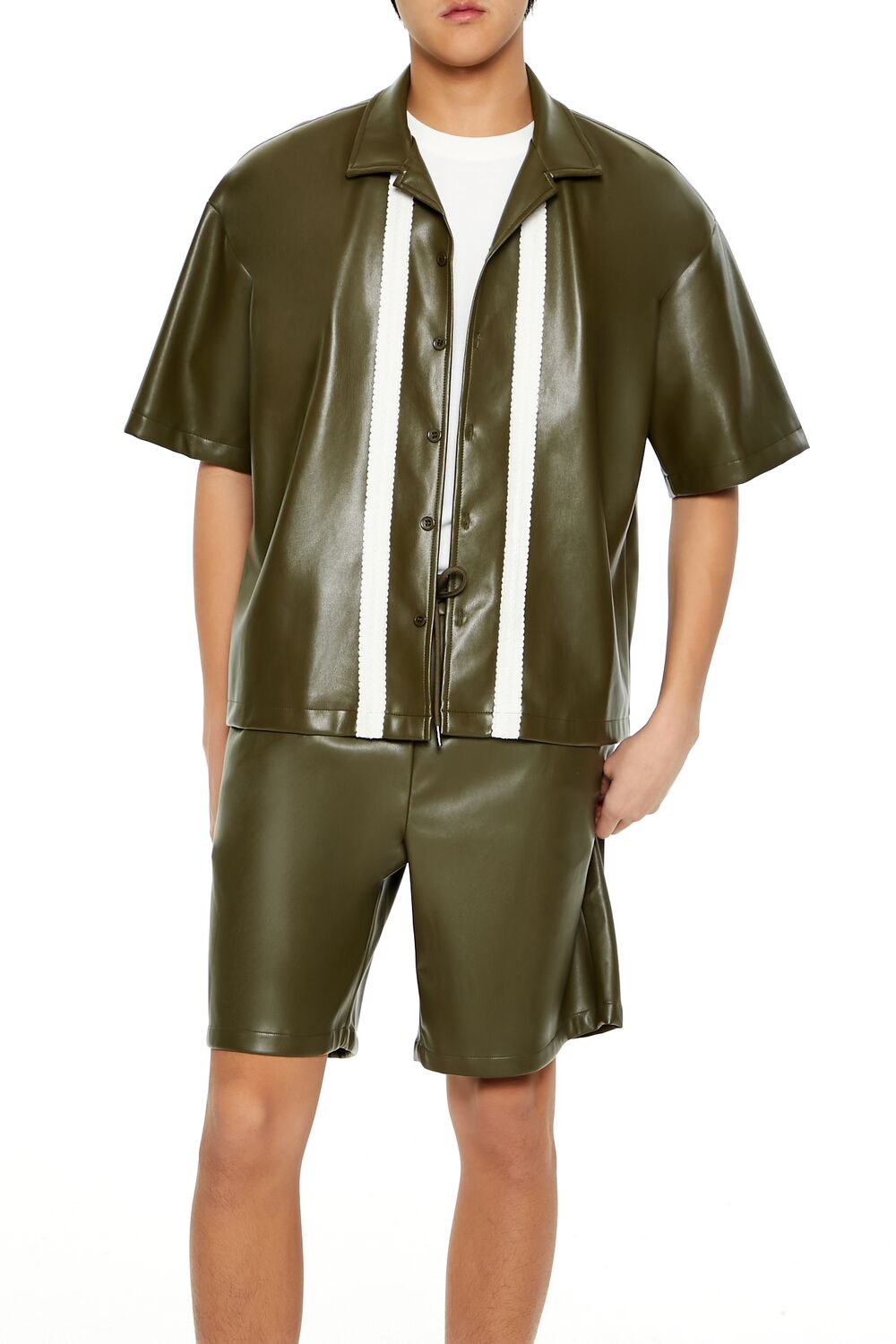 Striped Faux Leather Shirt-Feelings Star