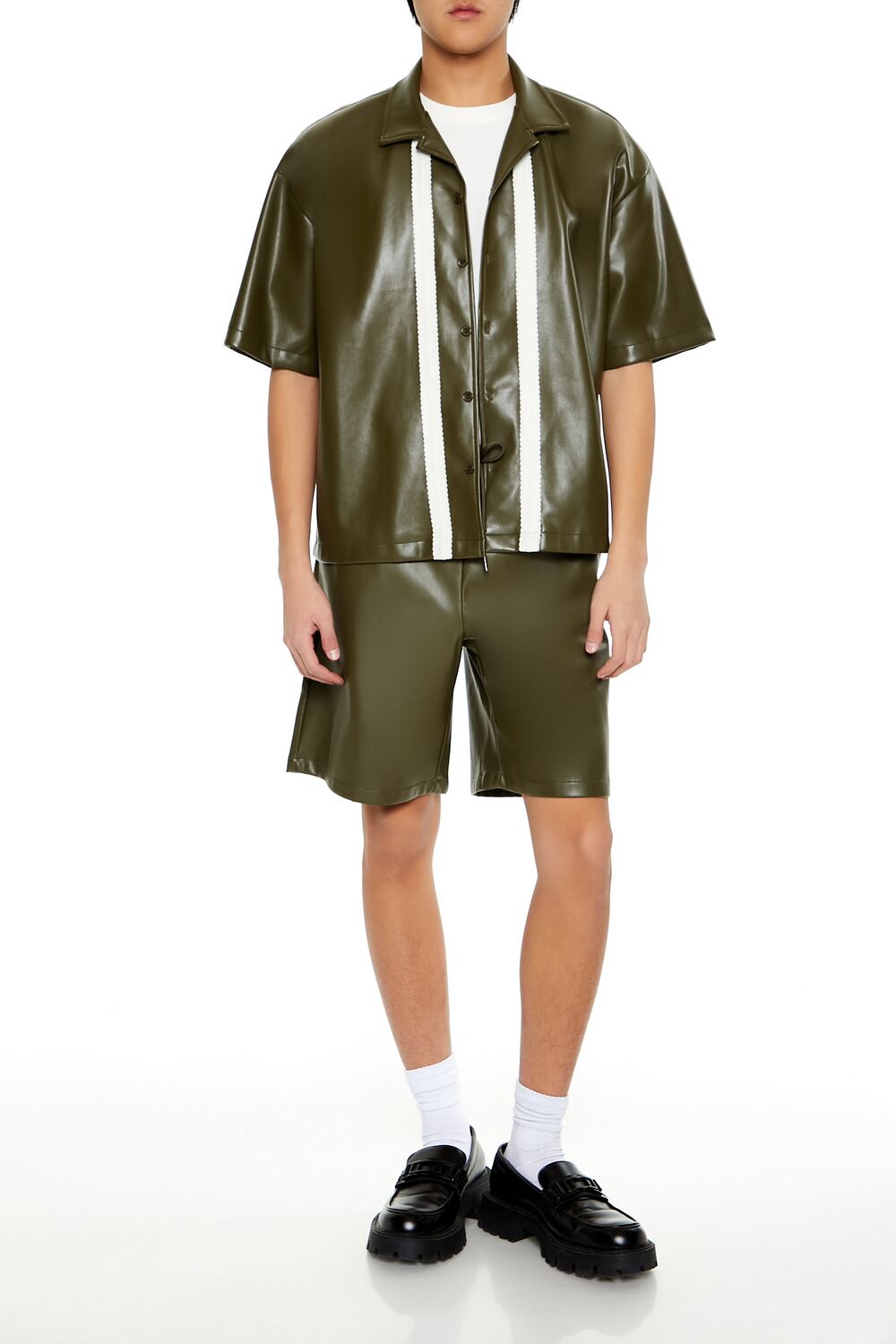 Striped Faux Leather Shirt-Feelings Star