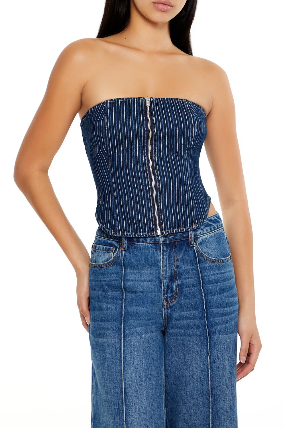 Striped Denim Tube Crop Top-Feelings Star